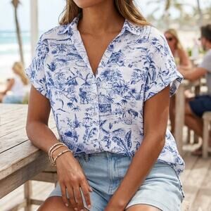 Joie 100% Linen button-down shirt blue & white tropical toile print short sleeve